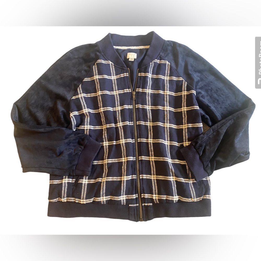 A New Day Navy Faux Suede Plaid Bomber Jacket - Picture 7 of 7